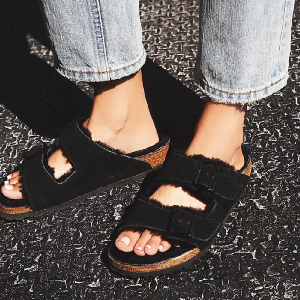 Birkenstock Arizona black suede shearling lined womens size 39 (8-8.5)